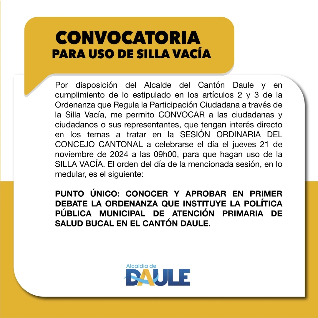 CONVOCATORIA SILLA VACIA ORDENANZA DE SALUD BUCAL PRIMARIA